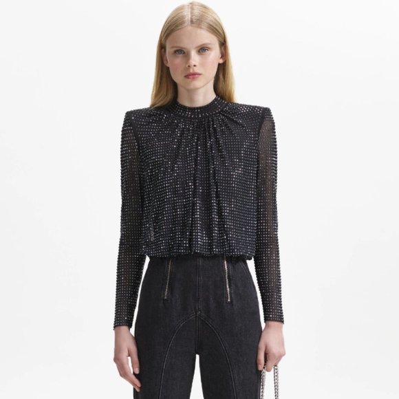 Self-Portrait Tops - Self-Portrait Black and Silver Embellished Blouse